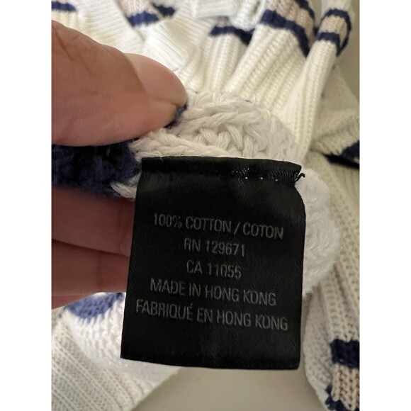 360 Cashmere Sweater Womens L White Navy Beige Stripe V Neck Drop Shoulder Knit - Picture 6 of 10